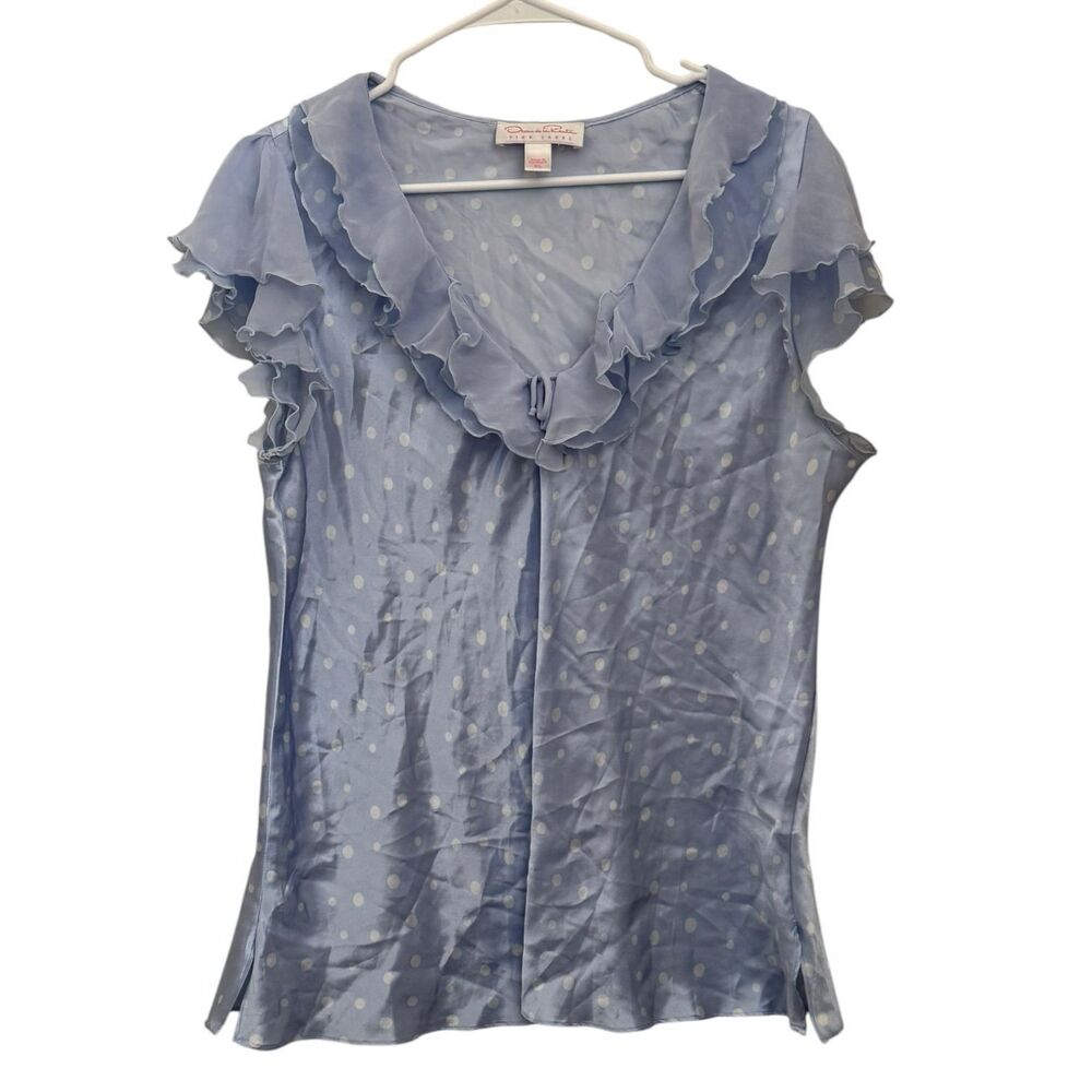 Vintage Oscar de la Renta Pink Label XL Blue Polka Dot Ruffle Sheer Blouse Top
